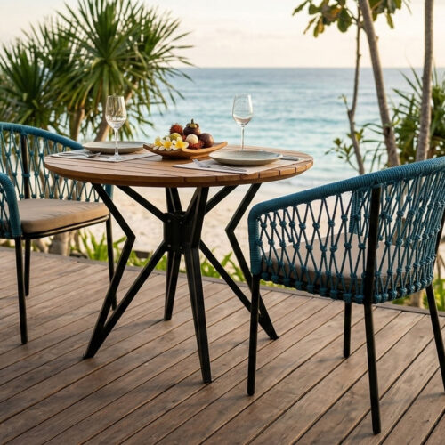 rounded dining table teak wood surface star leg