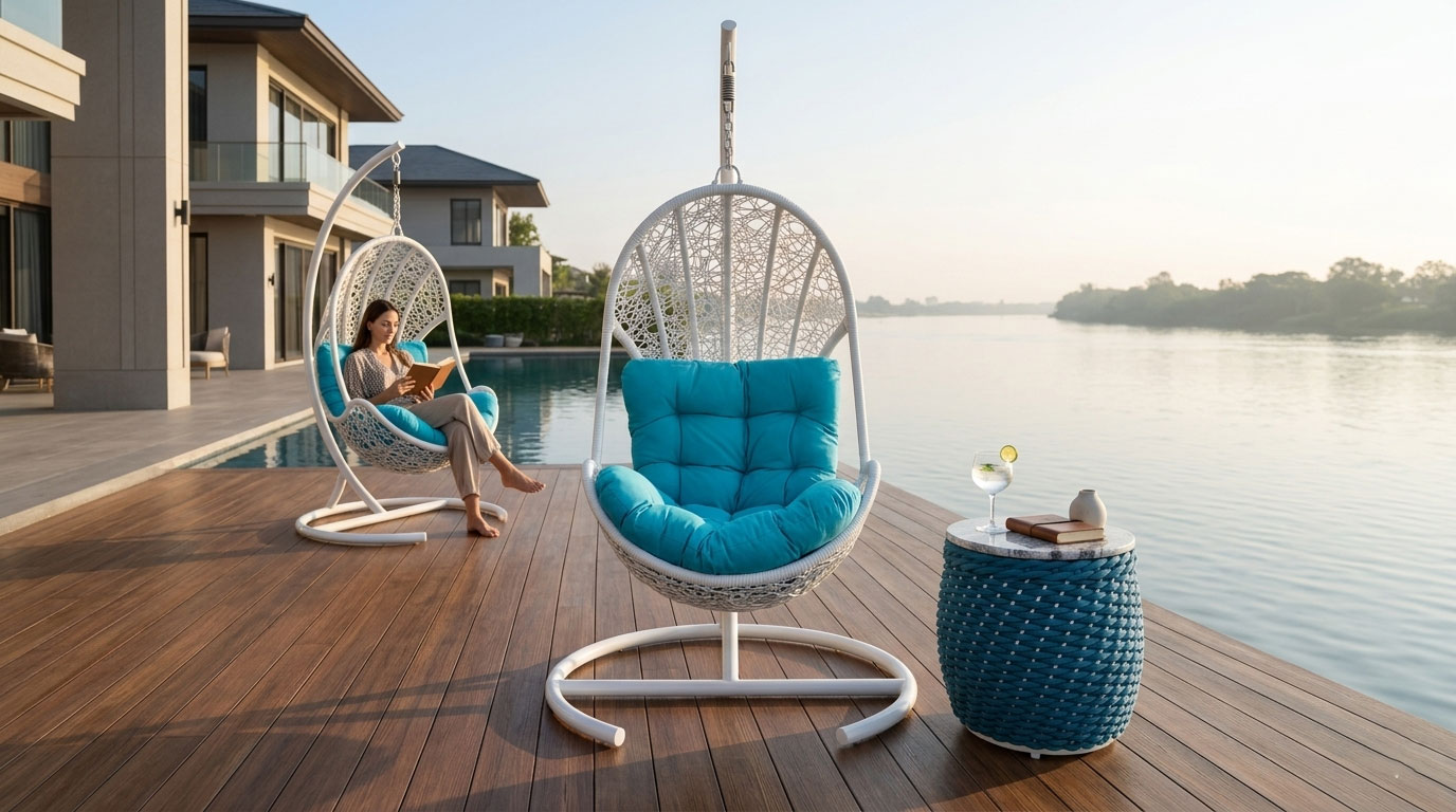 Hanging wicker chair for premium villa and resorts patio Henzel has a sturdy construction frame and weatherproof materials. Best choice for luxury hotels